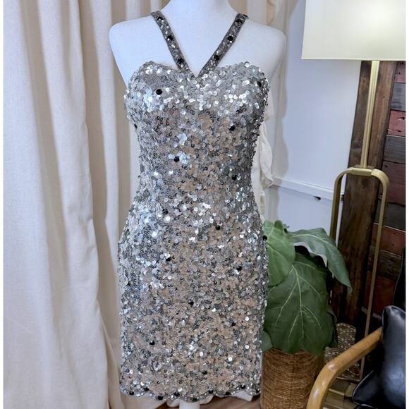 Scala Sexy Silver Beaded Sequin Cocktail Dress 4 Coquette Elegant Formal Luxury - Picture 2 of 14